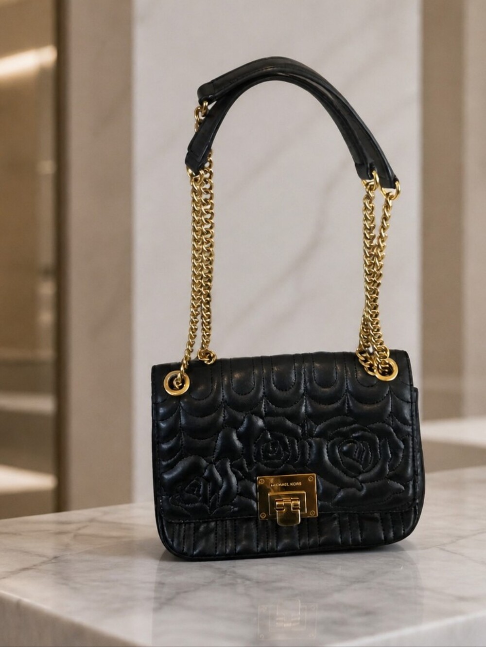 Michael Kors Black Rose Quilted Leather Shoulder Bag with Gold Chain Strap
